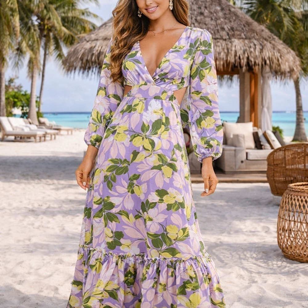 Venus Floral Long Sleeve Maxi Dress Side Cutouts Size 12 NWT